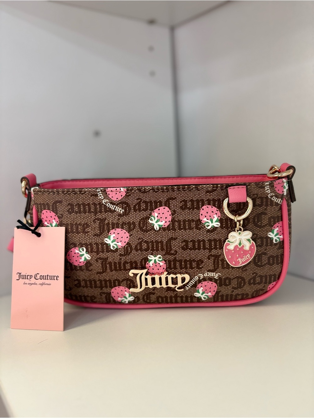 Juicy Couture Brown and Pink Strawberry Print Shoulder Bag